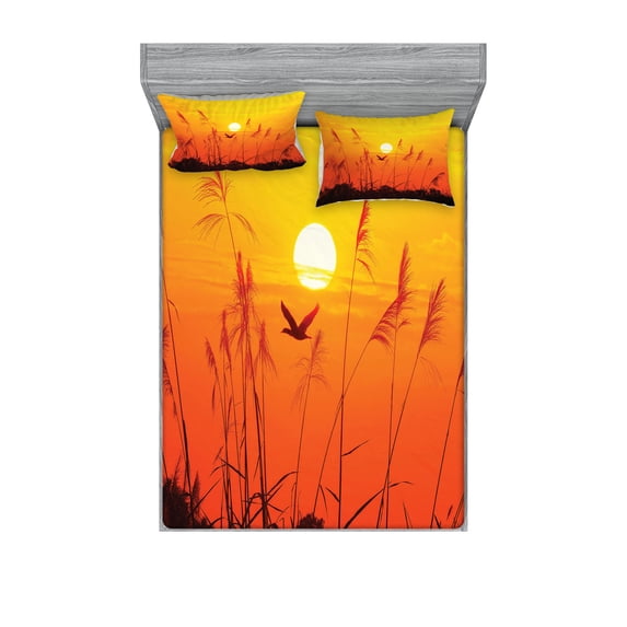 Ambesonne Nature Fitted Sheet & Pillow Sham Set, Flying Birds at Dusk, Queen, Yellow Red