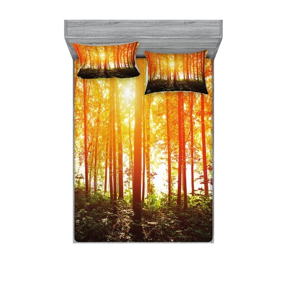 Ambesonne Nature Fitted Sheet & Pillow Sham Set, Foggy Forest Scenery, Full, Orange Fern Green