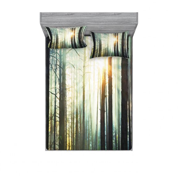 Ambesonne Nature Fitted Sheet & Pillow Sham Set, Foggy Forest Woods, Queen, Seafoam Dark Brown
