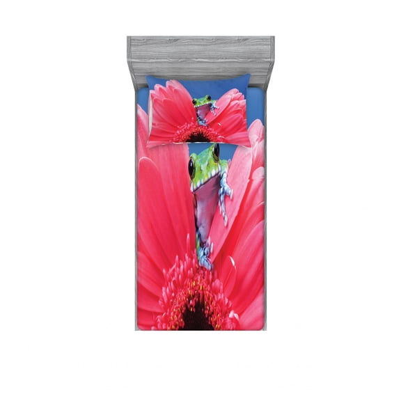 Ambesonne Nature Fitted Sheet & Pillow Sham Set, Frog on Gabera Flower, Twinxl, Pink Green Blue