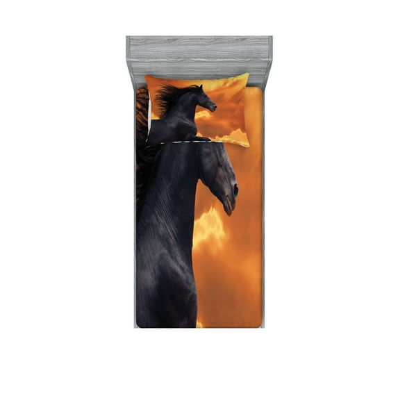 Ambesonne Nature Fitted Sheet & Pillow Sham Set, Galloping Friesian Horse, Twinxl, Black Orange