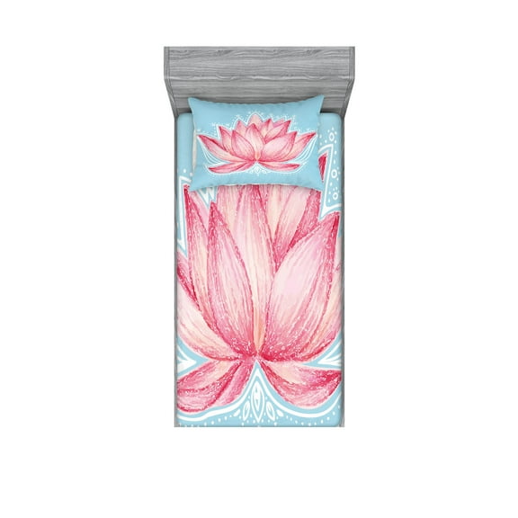 Ambesonne Nature Fitted Sheet & Pillow Sham Set, Gardening Lotus Flower, Twinxl, Pink Pale Blue