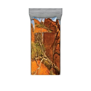 Ambesonne Nature Fitted Sheet & Pillow Sham Set, Grand Cany Monument, Twinxl, Orange Blue