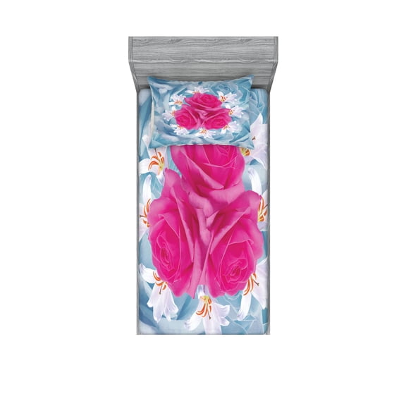 Ambesonne Nature Fitted Sheet & Pillow Sham Set, Graphic Roses and Lilies, Twin, Fuchsia Blue