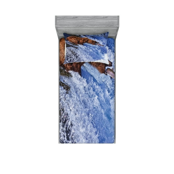 Ambesonne Nature Fitted Sheet & Pillow Sham Set, Grizzly Bear at Katmai, Twin, White Brown