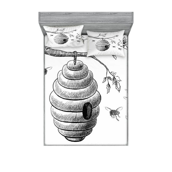 Ambesonne Nature Fitted Sheet & Pillow Sham Set, Hand Drawn Honeycomb, Queen, Charcoal Grey White