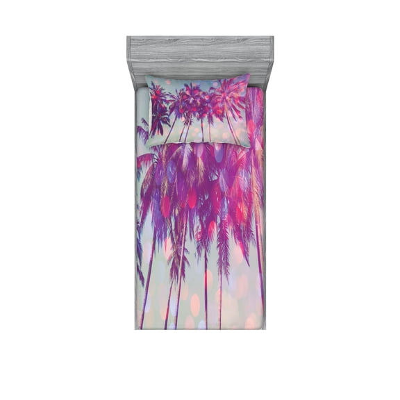Ambesonne Nature Fitted Sheet & Pillow Sham Set, Hawaiian Tropic Palms, Twin, Fuchsia Purple Green