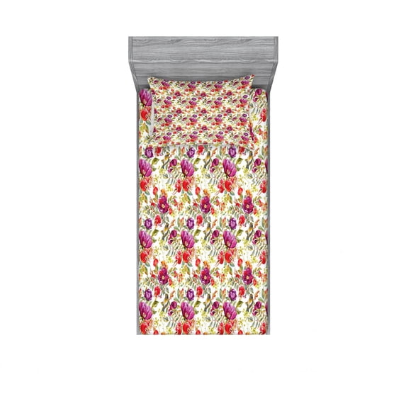 Ambesonne Nature Fitted Sheet & Pillow Sham Set, Hot Pink Purple Flowers, Twinxl, Multicolor