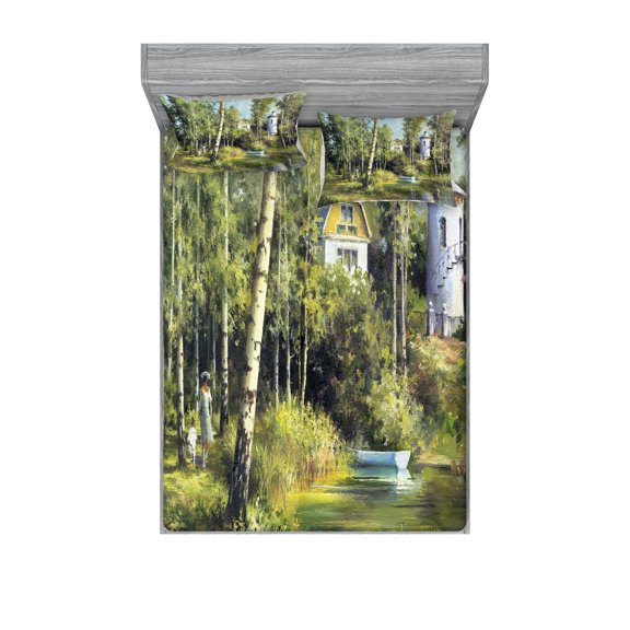 Ambesonne Nature Fitted Sheet & Pillow Sham Set, House in Forest, Full, Green