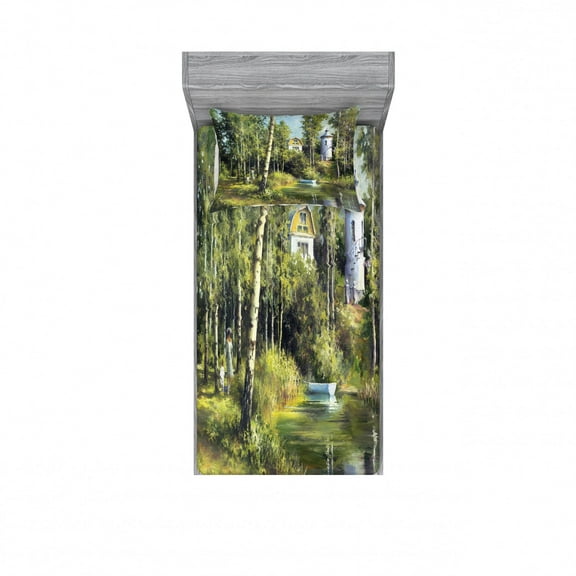 Ambesonne Nature Fitted Sheet & Pillow Sham Set, House in Forest, Twin, Green