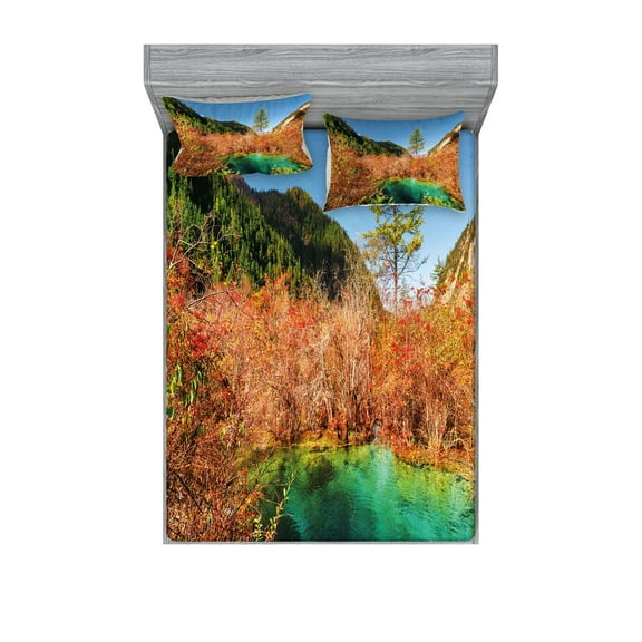 Ambesonne Nature Fitted Sheet & Pillow Sham Set, Idyllic Autumn Season, Queen, Green Amber