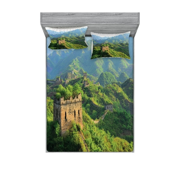 Ambesonne Nature Fitted Sheet & Pillow Sham Set, Idyllic Scenery, Full, Green