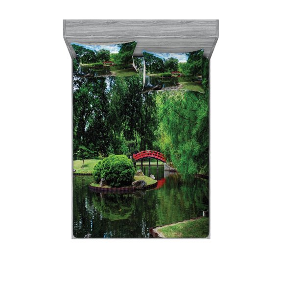 Ambesonne Nature Fitted Sheet & Pillow Sham Set, Japanese Garden Lake, Queen, Green Blue