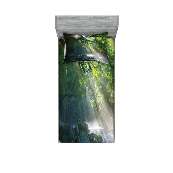 Ambesonne Nature Fitted Sheet & Pillow Sham Set, Jungle Sunlight Trees, Twinxl, Green White
