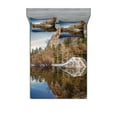 thumbnail image 1 of Ambesonne Nature Fitted Sheet & Pillow Sham Set, Lake Mountain Sunset, Queen, Navy Brown, 1 of 2