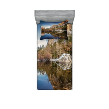 Ambesonne Nature Fitted Sheet & Pillow Sham Set, Lake Mountain Sunset, Twin, Navy Brown
