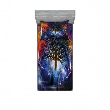 Ambesonne Nature Fitted Sheet & Pillow Sham Set, Leafless Tree Hippie, Twin, Blue Purple