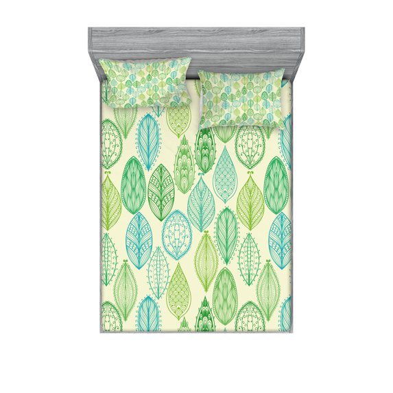 Ambesonne Nature Fitted Sheet & Pillow Sham Set, Leaves Forest Pattern, Full, Multicolor