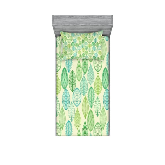 Ambesonne Nature Fitted Sheet & Pillow Sham Set, Leaves Forest Pattern, Twinxl, Multicolor