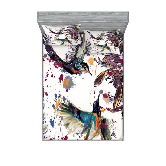 Ambesonne Nature Fitted Sheet & Pillow Sham Set, Lily Birds Watercolor, Full, Orange and Blue
