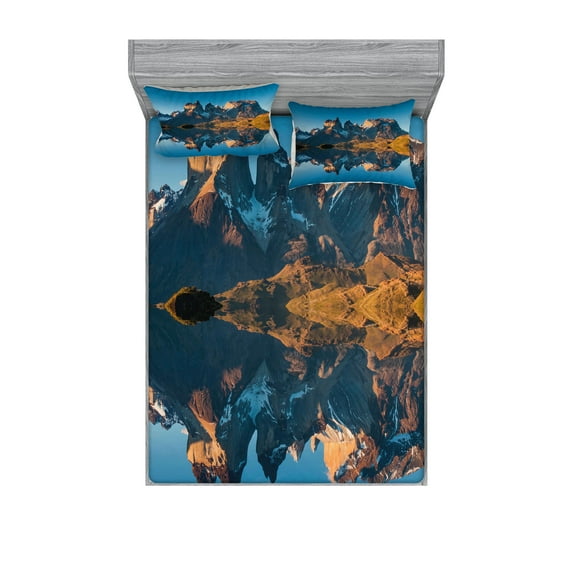 Ambesonne Nature Fitted Sheet & Pillow Sham Set, Majestic Rocky Mountain, Full, Blue and Brown