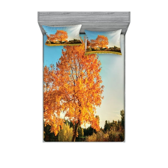 Ambesonne Nature Fitted Sheet & Pillow Sham Set, Maple Tree in Autumn, Queen, Orange Blue