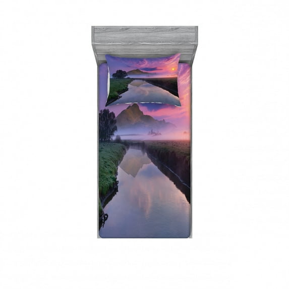 Ambesonne Nature Fitted Sheet & Pillow Sham Set, Misty Sunrise Sunnny Sky, Twin, Multicolor