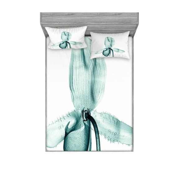 Ambesonne Nature Fitted Sheet & Pillow Sham Set, Modern Flower X-Ray, Queen, Teal White