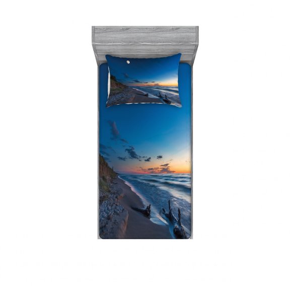 Ambesonne Nature Fitted Sheet & Pillow Sham Set, Moon in Sky Lake, Twin, Blue and Apricot