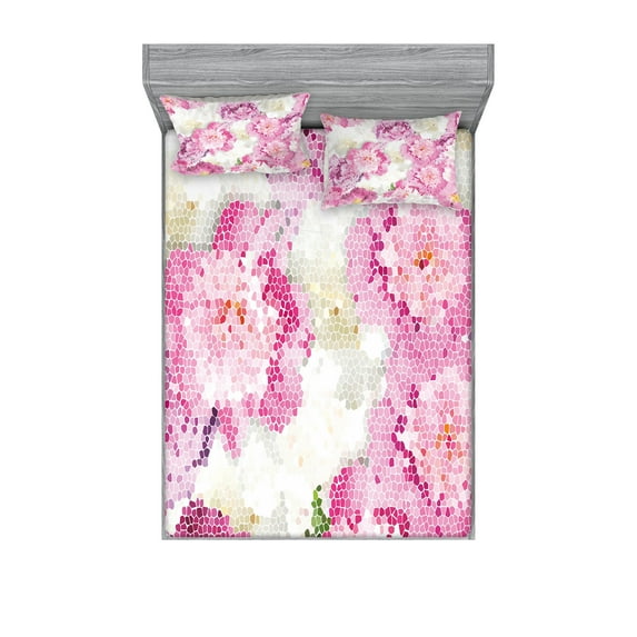Ambesonne Nature Fitted Sheet & Pillow Sham Set, Mosaic Peony Flowers Art, Queen, Pink Purple White