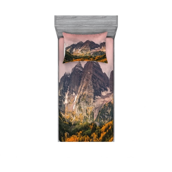 Ambesonne Nature Fitted Sheet & Pillow Sham Set, Mountain Forest Scenery, Twinxl, Multicolor