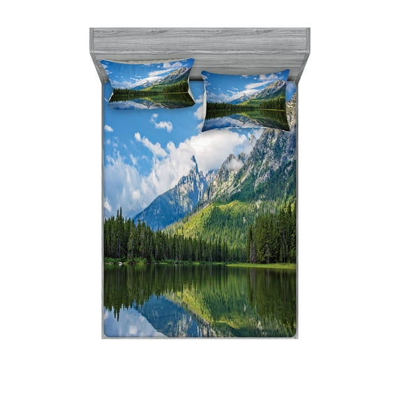 Ambesonne Nature Fitted Sheet & Pillow Sham Set, Mountain Lake Scenery, Full, Blue White Green