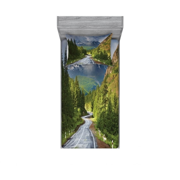 Ambesonne Nature Fitted Sheet & Pillow Sham Set, Mountain Landscape Road, Twin, Green Grey Brown