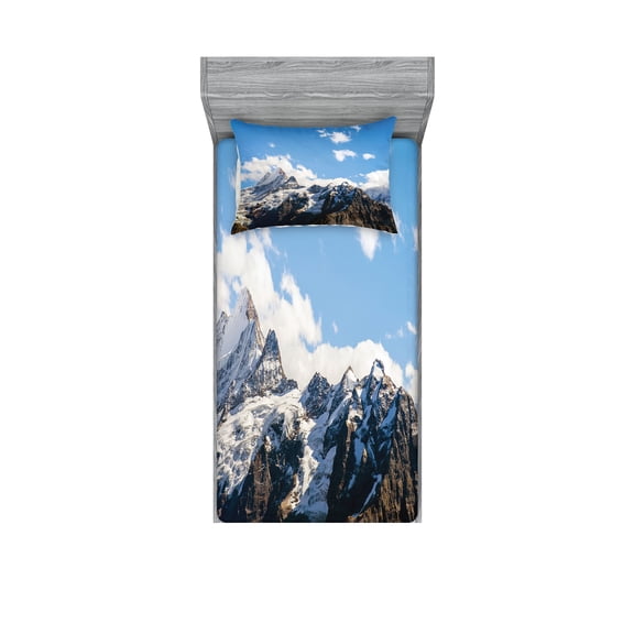 Ambesonne Nature Fitted Sheet & Pillow Sham Set, Mountain Natural Beauty, Twinxl, White Blue Brown