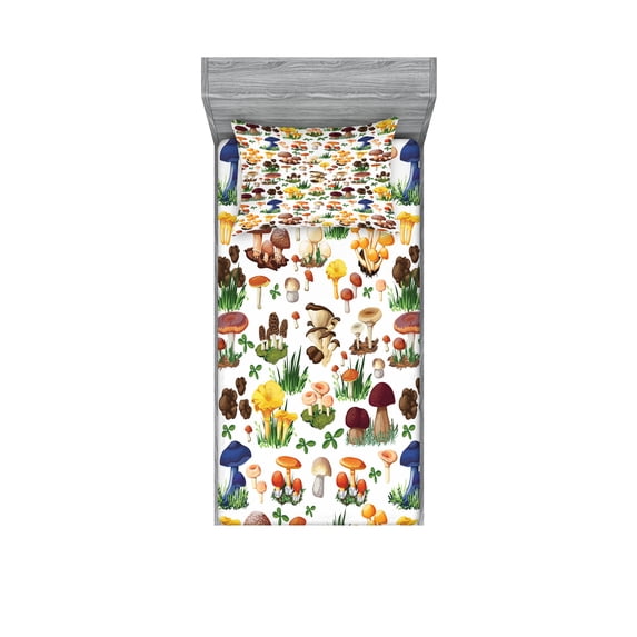 Ambesonne Nature Fitted Sheet & Pillow Sham Set, Mushrooms Wild Organic, Twin, Multicolor