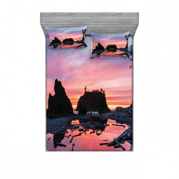 Ambesonne Nature Fitted Sheet & Pillow Sham Set, Mystic Beach Skyline, Full, Multicolor