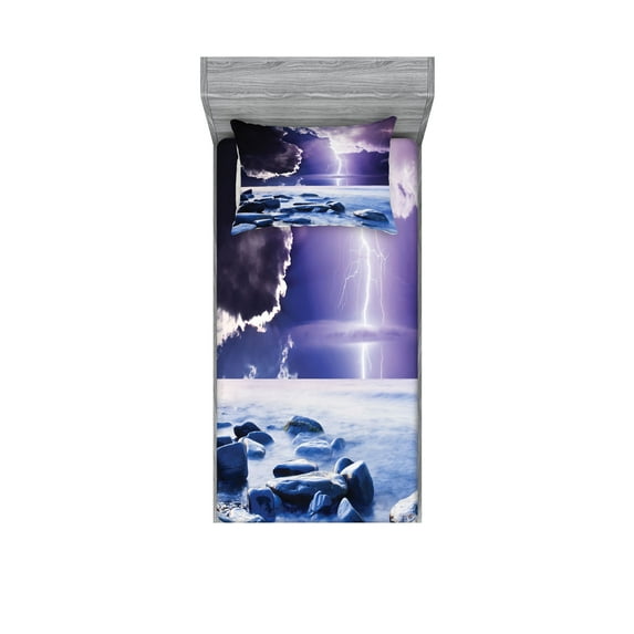 Ambesonne Nature Fitted Sheet & Pillow Sham Set, Mystic Dark Sky Scenery, Twinxl, Blue Purple