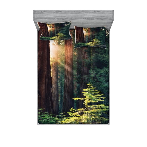 Ambesonne Nature Fitted Sheet & Pillow Sham Set, Nevada Morning Sun, Calking, Green Brown