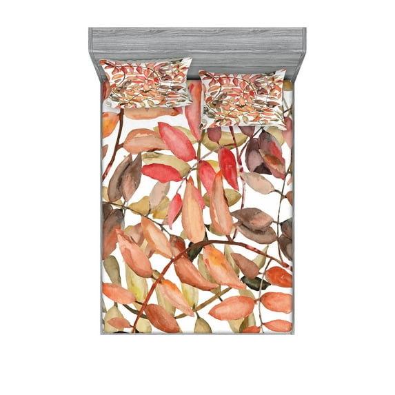 Ambesonne Nature Fitted Sheet & Pillow Sham Set, Northwoods Falling Leaf, Full, Coral Taupe