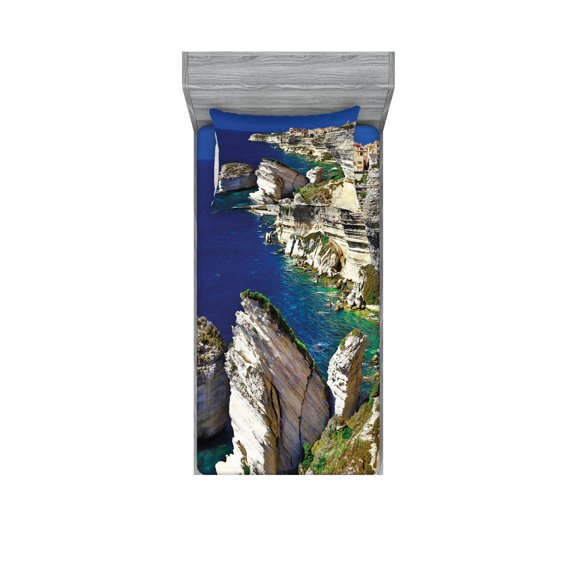 Ambesonne Nature Fitted Sheet & Pillow Sham Set, Ocean Summer Seascape, Twinxl, Navy Beige