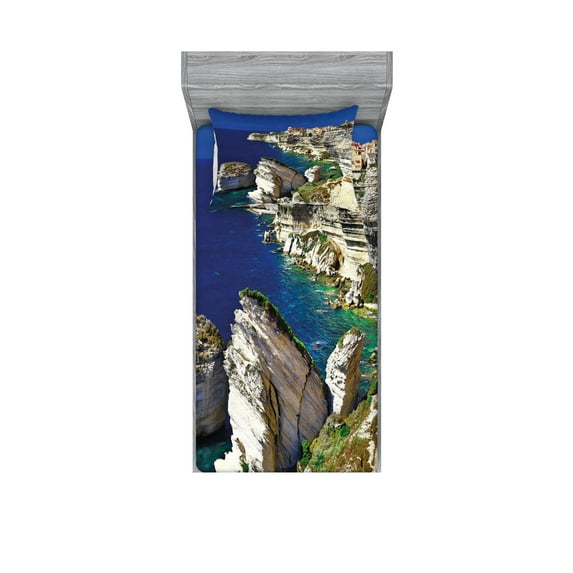 Ambesonne Nature Fitted Sheet & Pillow Sham Set, Ocean Summer Seascape, Twinxl, Navy Beige