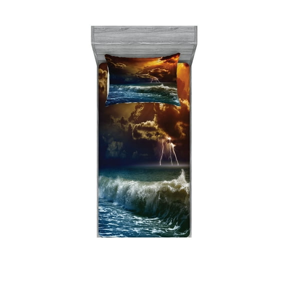 Ambesonne Nature Fitted Sheet & Pillow Sham Set, Ocean Wild Waves Art, Twin, Orange and Blue