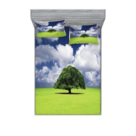 Ambesonne Nature Fitted Sheet & Pillow Sham Set, Old Tree in Grass Field, Full, Green Blue