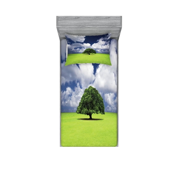 Ambesonne Nature Fitted Sheet & Pillow Sham Set, Old Tree in Grass Field, Twin, Green Blue