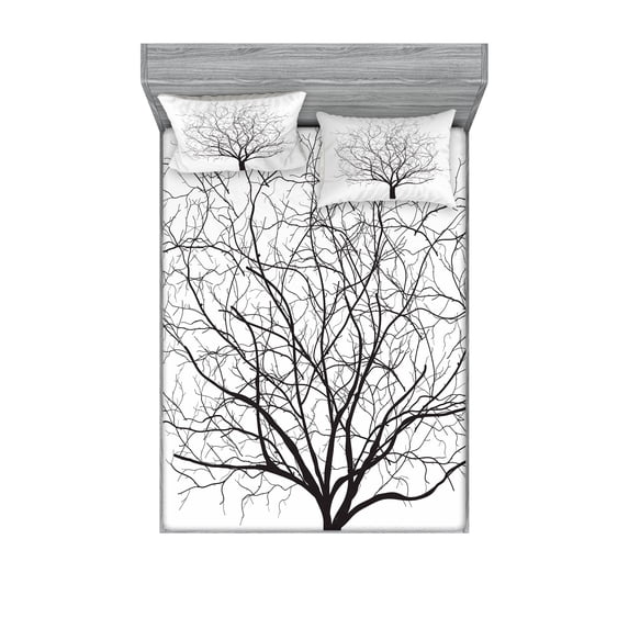 Ambesonne Nature Fitted Sheet & Pillow Sham Set, Old Withered Oak Leaf, Full, Charcoal Grey White
