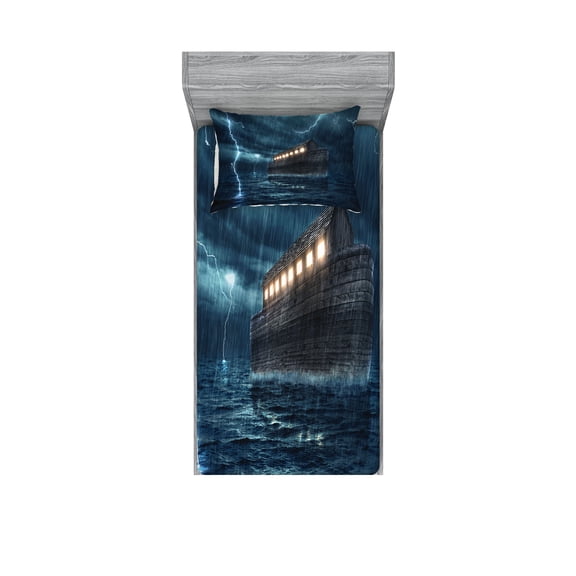 Ambesonne Nature Fitted Sheet & Pillow Sham Set, Old Wood Boat Dramatic, Twinxl, Blue Brown