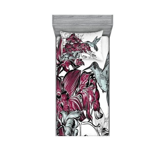 Ambesonne Nature Fitted Sheet & Pillow Sham Set, Orchids and Hummingbird, Twinxl, Burgundy