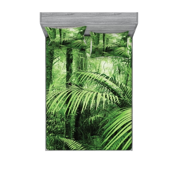 Ambesonne Nature Fitted Sheet & Pillow Sham Set, Palm Trees Exotic Plants, Queen, Green