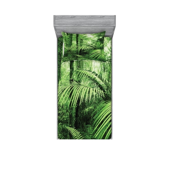 Ambesonne Nature Fitted Sheet & Pillow Sham Set, Palm Trees Exotic Plants, Twin, Green