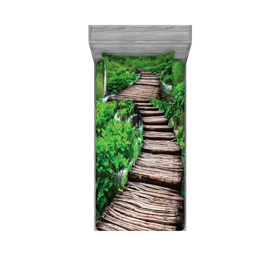 Ambesonne Nature Fitted Sheet & Pillow Sham Set, Pathway Stream Jungle, Twinxl, Brown Green